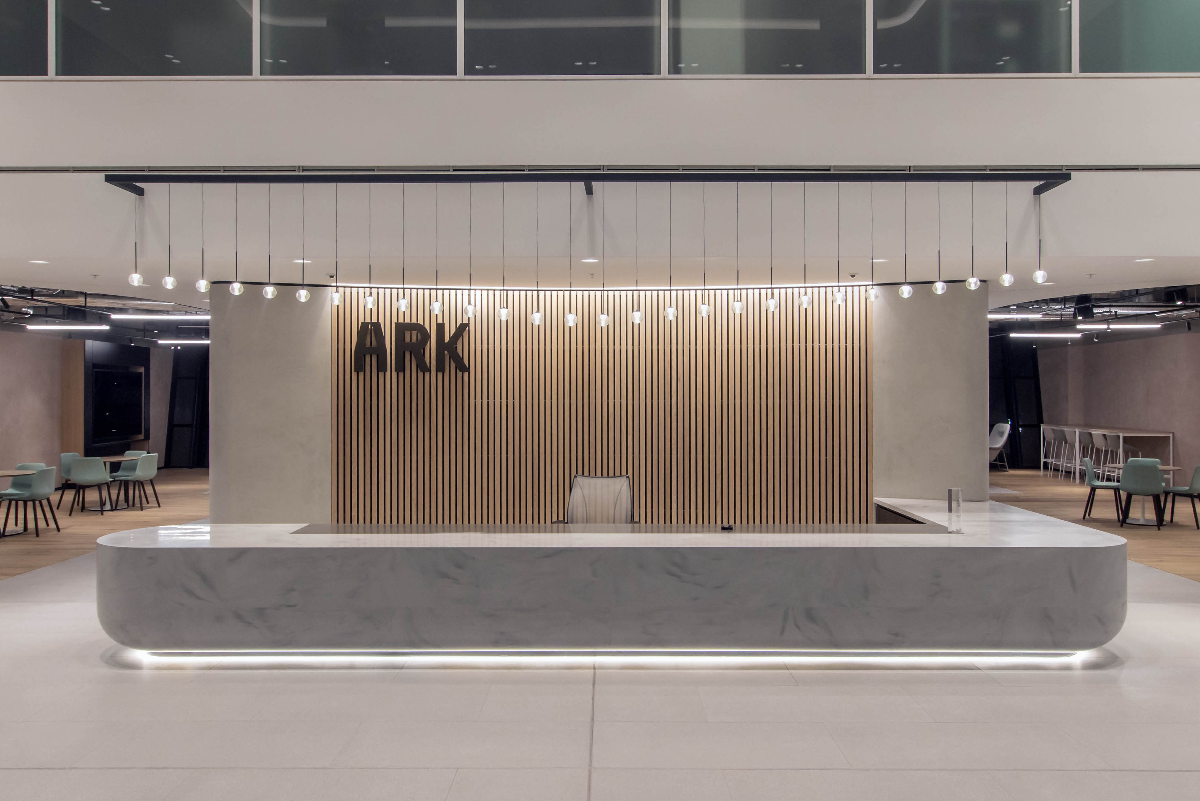 Ark Hammersmith London reception featuring bespoke LEDFlex workplace lighting design